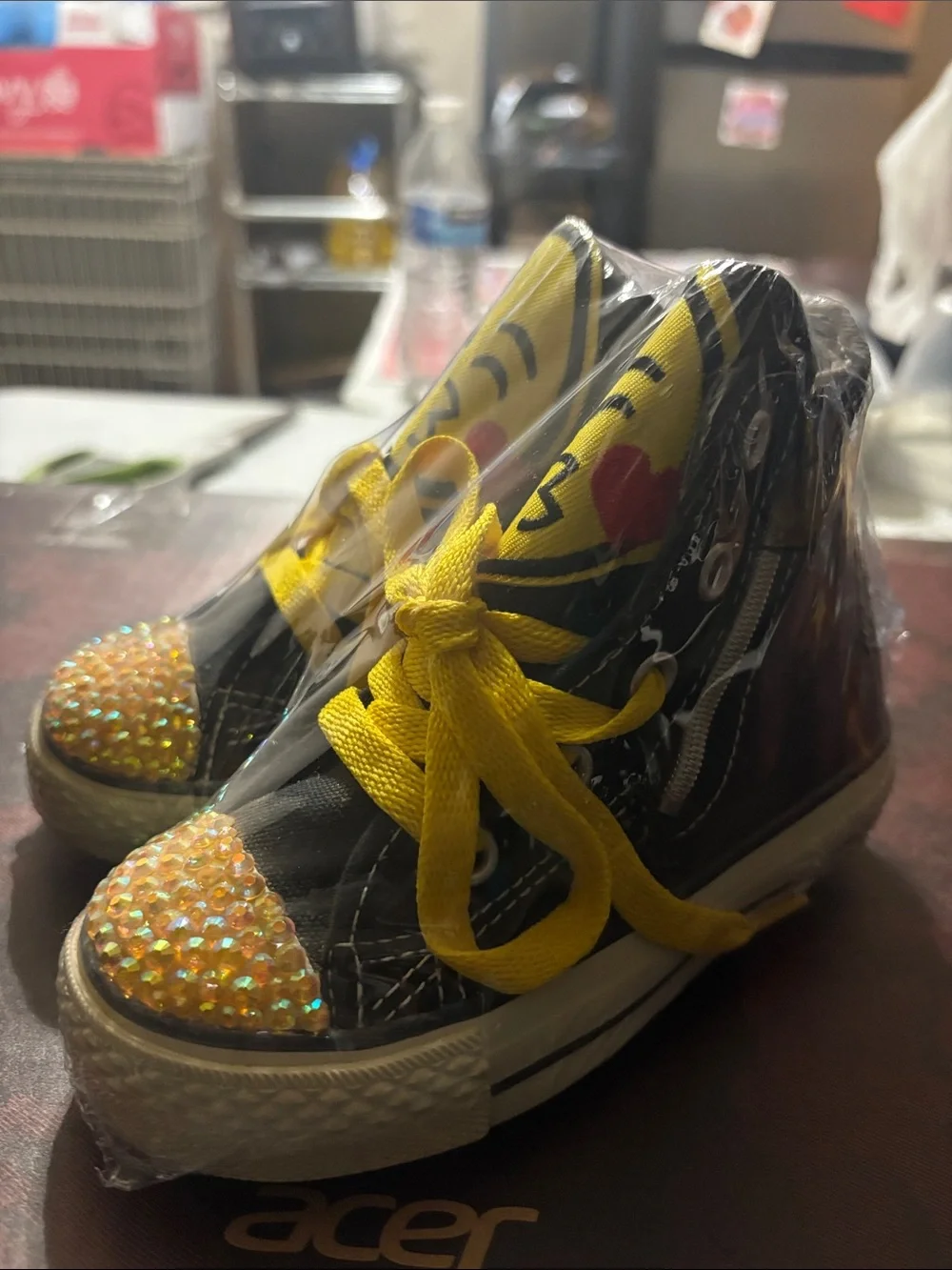 Kids Yellow Emoji High-Top converse Sneakers with Rhinestone Toes